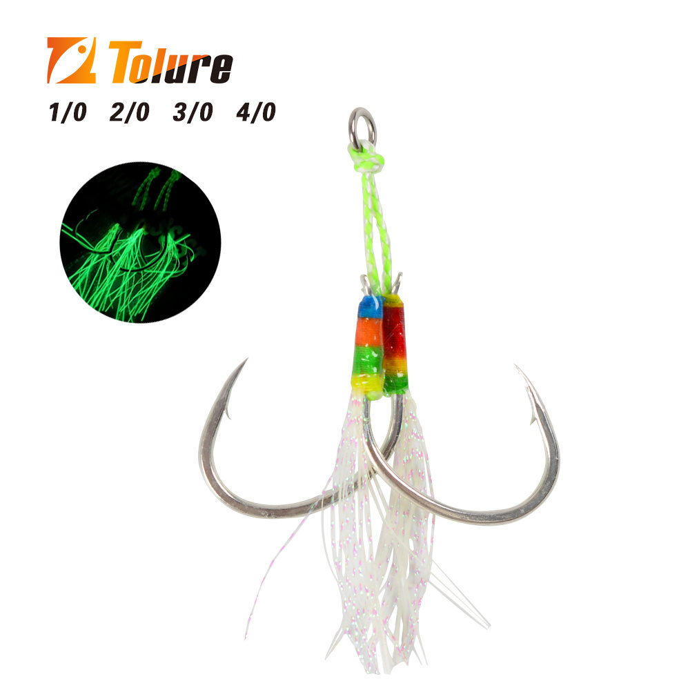 Tolure high steel Fiber Rope Flasher Shore Jigging Assist Hooks Double Assist Jig Fishing Hooks Jig Lure Hook with UV color 1pcs