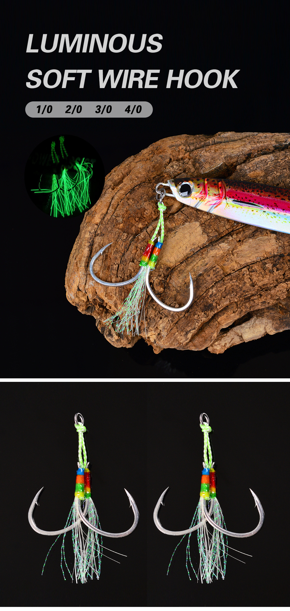 Tolure high steel Fiber Rope Flasher Shore Jigging Assist Hooks Double Assist Jig Fishing Hooks Jig Lure Hook with UV color 1pcs