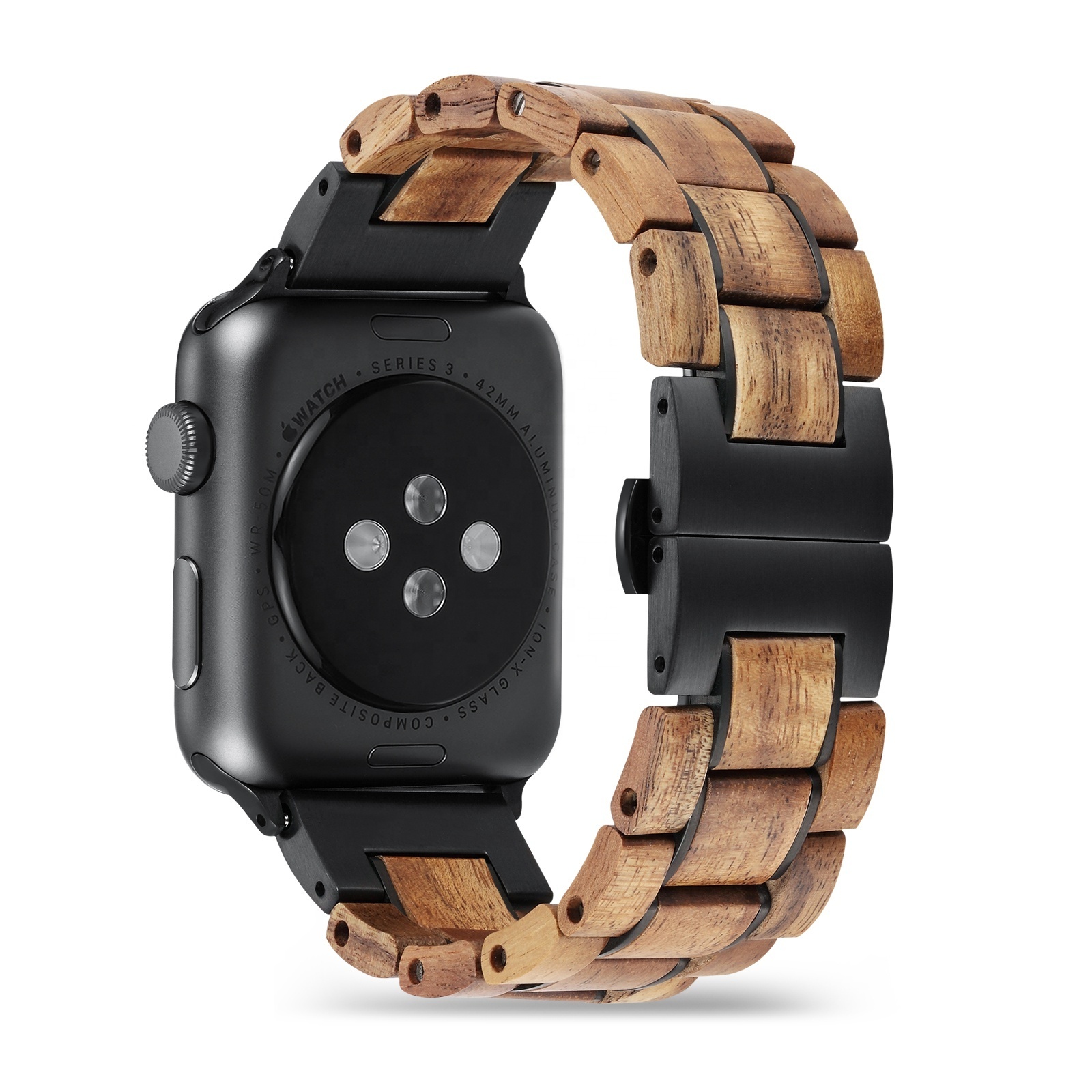 Two Tone Wooden Band for Apple Watch Ultra 2, Ultra, Series 9, 8, 7, 6, SE, 5, 4, 3, 2, and 1 Luxury Band stainless Steel