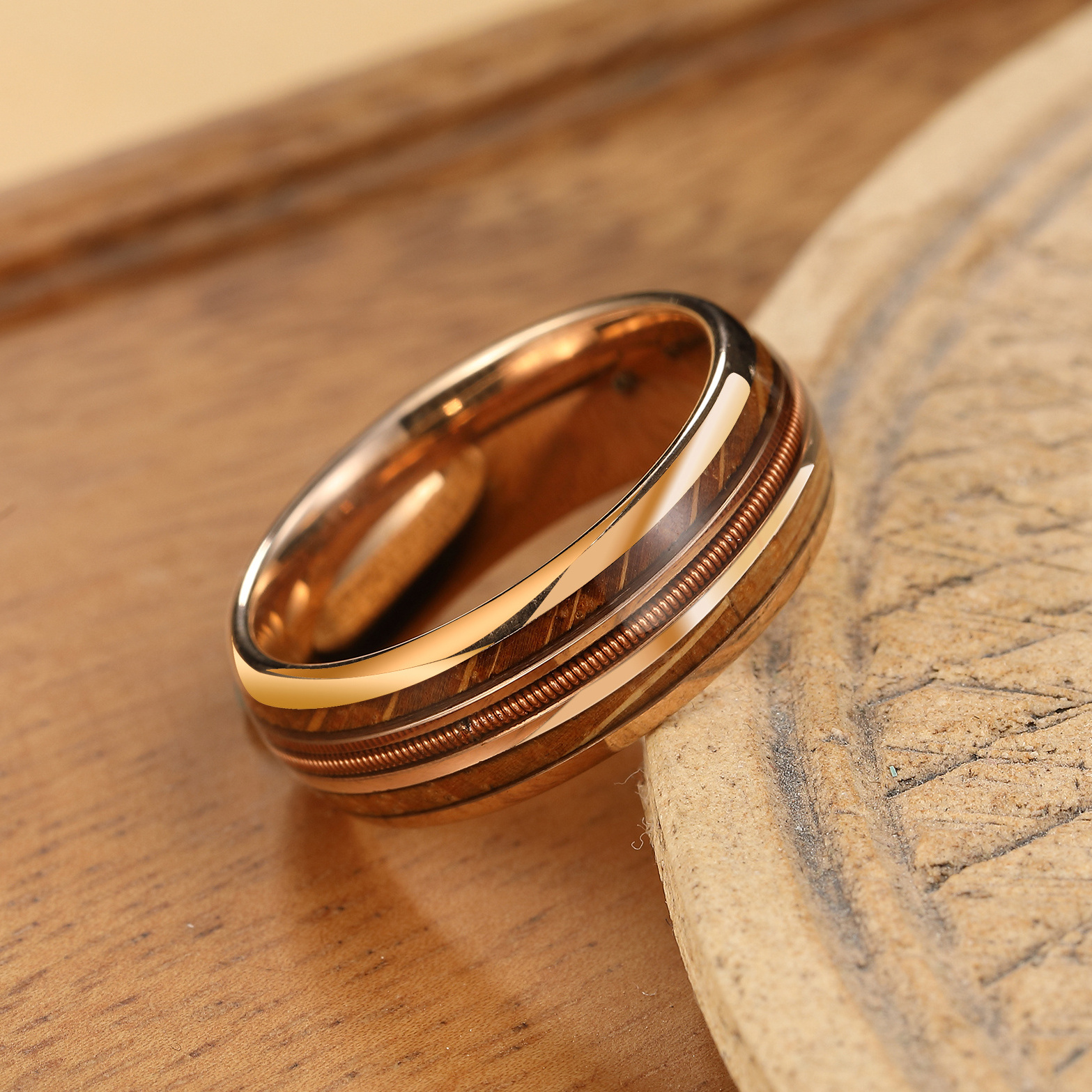 Rose gold Tungsten Guitar String Ring Wood inlay Ring For Men In Stock Wedding Band Barrel wood rings