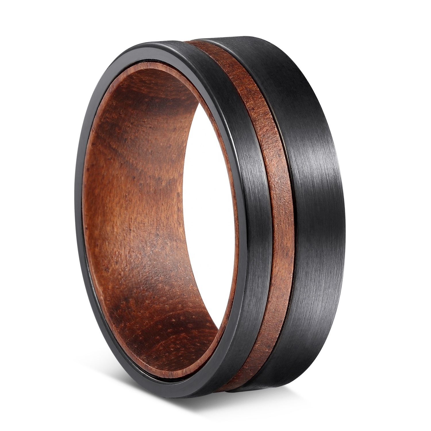 R003 Mens Tungsten Carbide bands Black with red Rosewood Wood grain inlay flat 8mm wide wood wedding rings unique wholesale