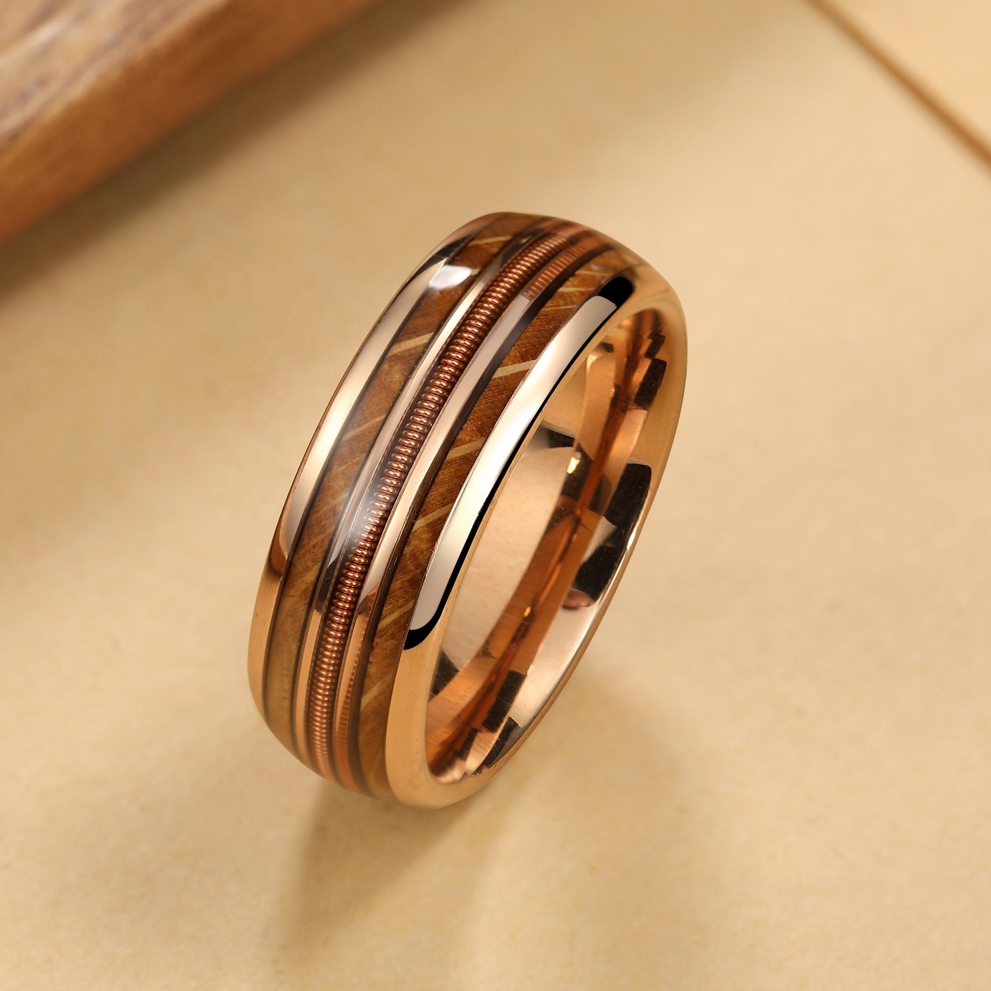 Rose gold Tungsten Guitar String Ring Wood inlay Ring For Men In Stock Wedding Band Barrel wood rings