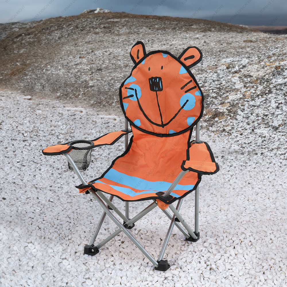 Topmax Tiger Pattern Steel Outdoor Armrest Character Kids Camping Chairs Wholesale Cartoon Folding Kids Animal Camping Chairs