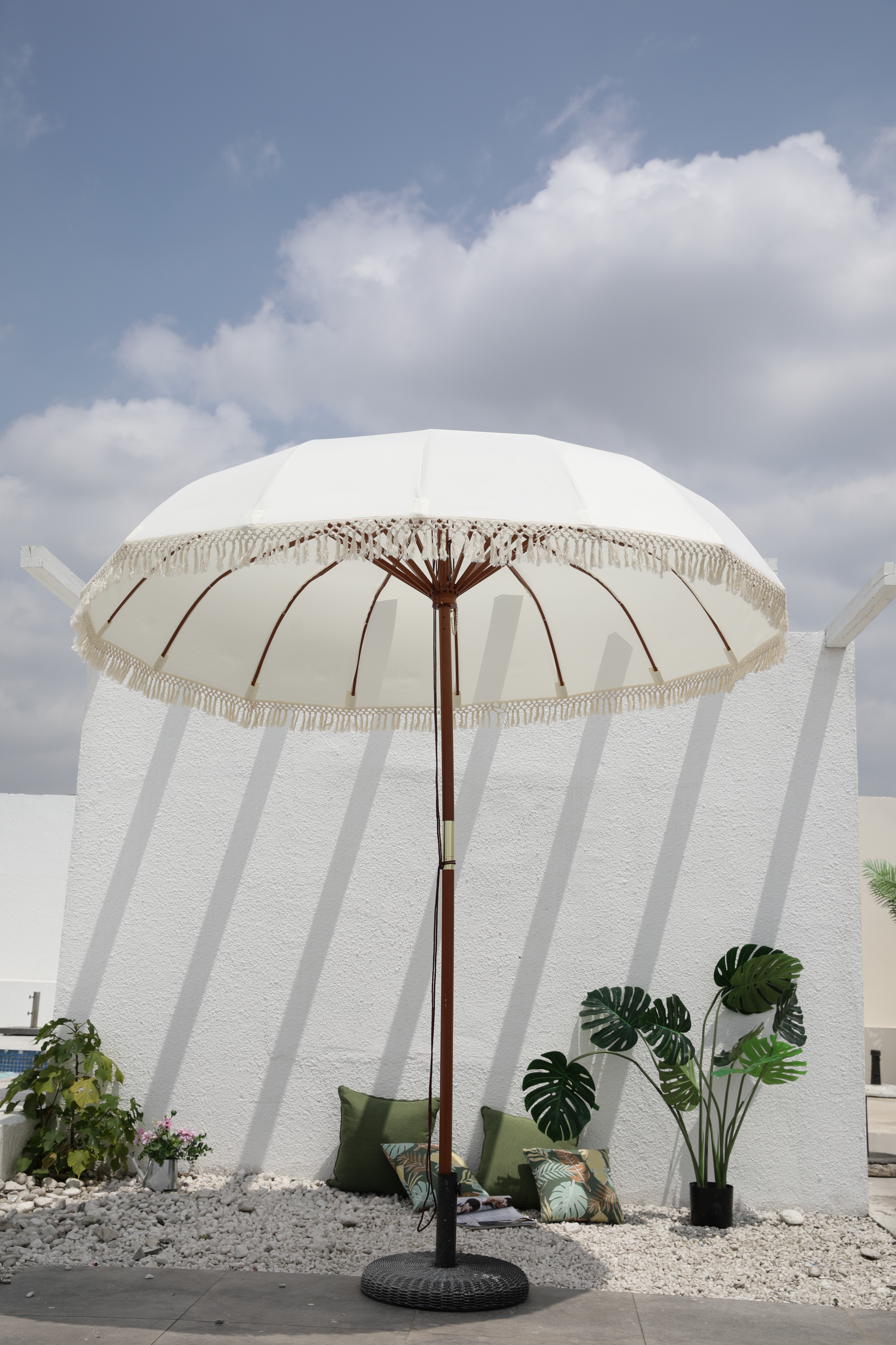 TOPMAX markise sonnenschirm beach swimming pool bamboo white umbrella with cotton fringes