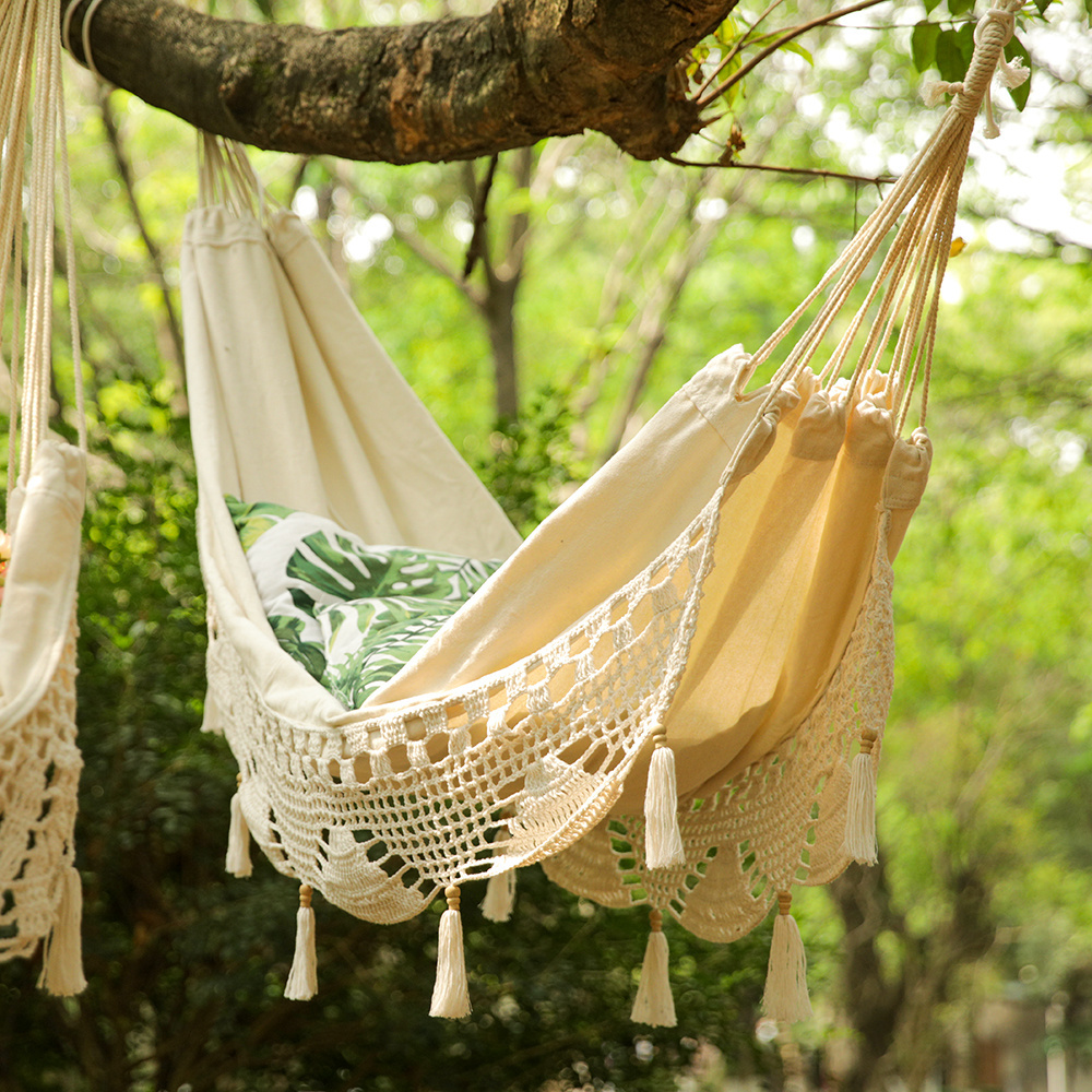 High Quality Hammock Chair Hanging Rope Swing Hammock Large Size Cotton Weave Camping Outdoor Swing Chair With Fringe