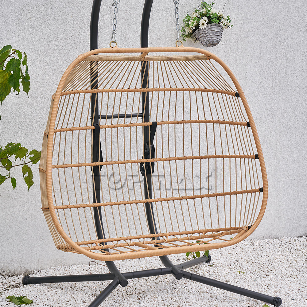 Modern Double Seat Steel Wicker Rattan PE KD Foldable FlatSwing Egg Patio Double Size Swing Chair Hanging Double Seat Swing Set