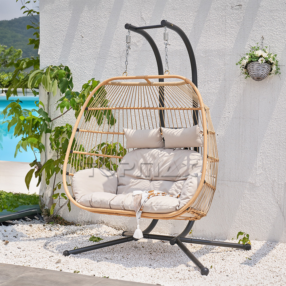 Modern Double Seat Steel Wicker Rattan PE KD Foldable FlatSwing Egg Patio Double Size Swing Chair Hanging Double Seat Swing Set