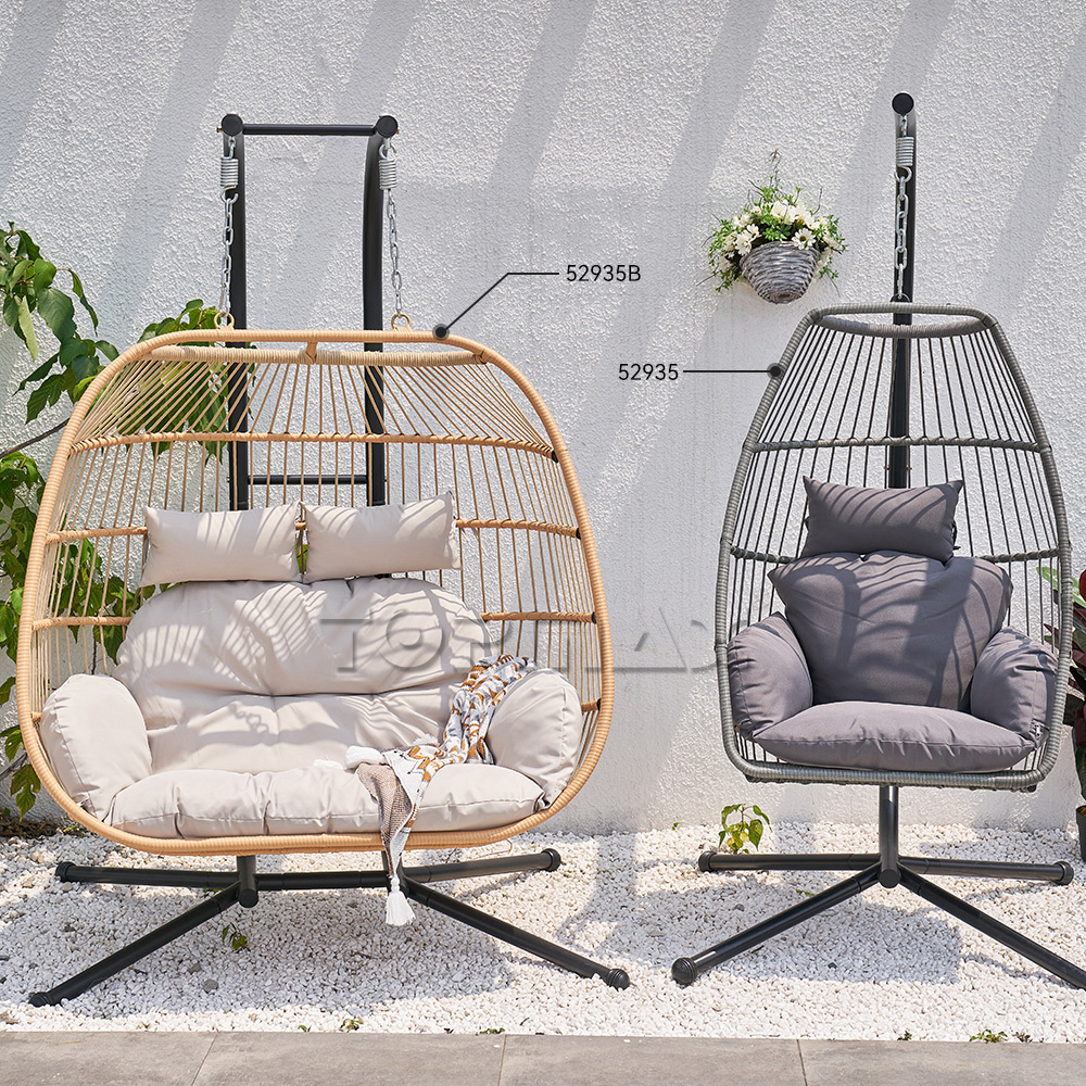 Modern Double Seat Steel Wicker Rattan PE KD Foldable FlatSwing Egg Patio Double Size Swing Chair Hanging Double Seat Swing Set