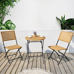 Outdoor Modern 2 Person PE Rattan 3Pcs Bistro Set Outdoor Patio Conversation Sets Folding Metal Bistro Table Chair Set