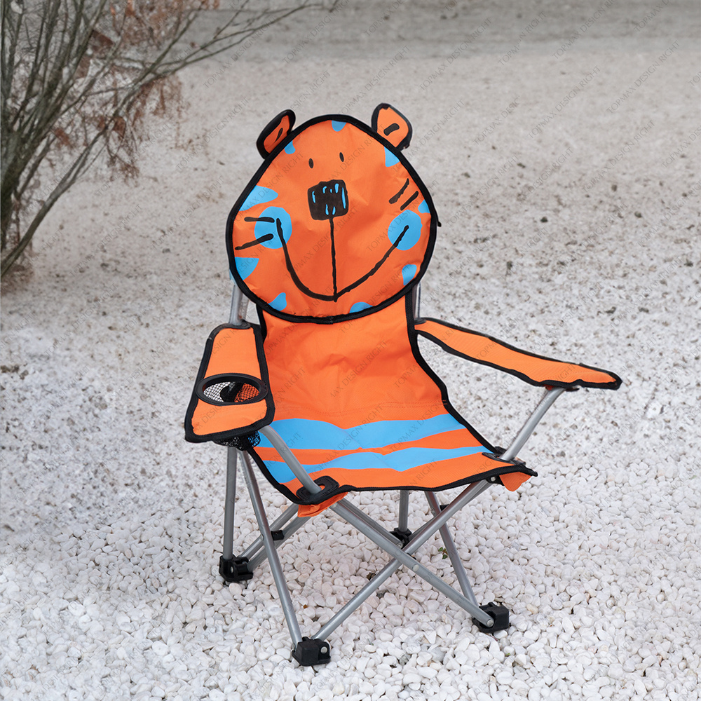 Topmax Tiger Pattern Steel Outdoor Armrest Character Kids Camping Chairs Wholesale Cartoon Folding Kids Animal Camping Chairs