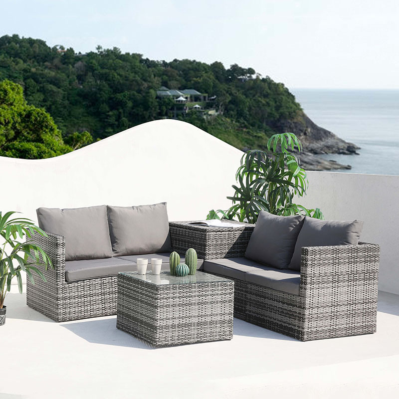 Patio furniture polyester cushion 4 seater rattan outdoor garden sofa sets with storage