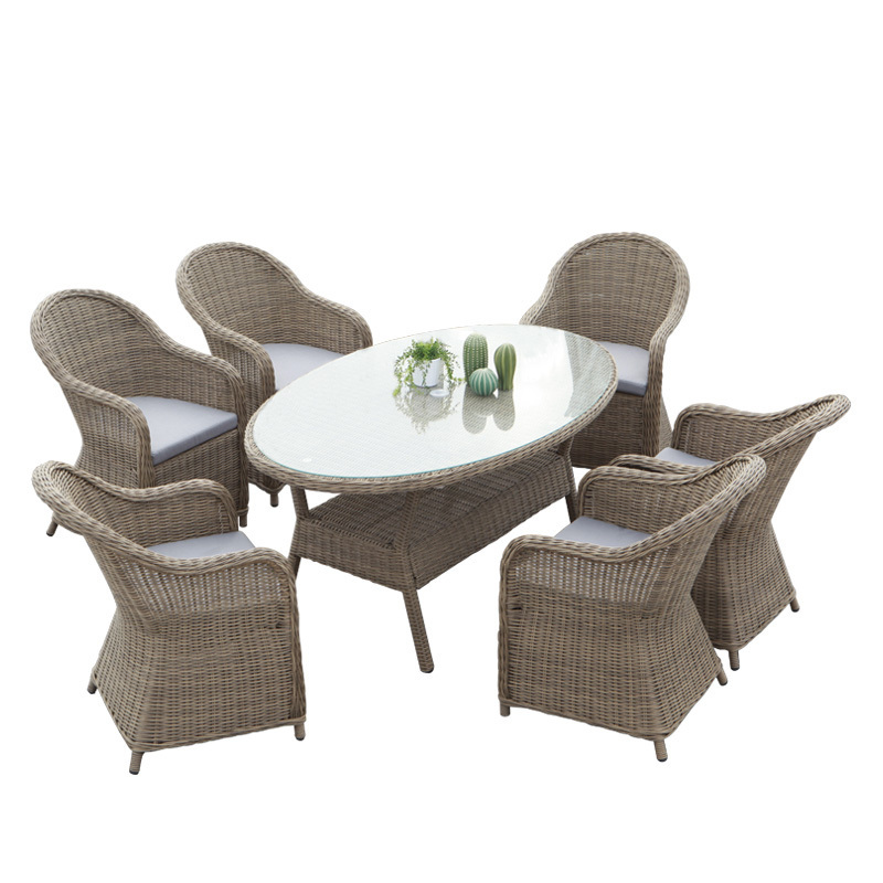 Outdoor custom metal aluminum PE rattan oval table 6 chairs garden dining sets