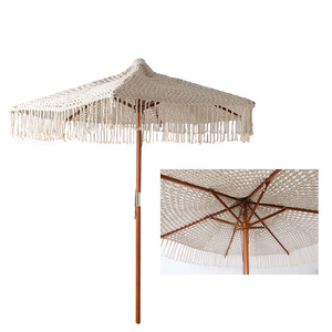 Outdoor Atio Umbrellas Cotton Rope Woven Wooden Frame Garden Parasol Umbrella Garden Sunshade Foldable Sunshade Garden Umbrella