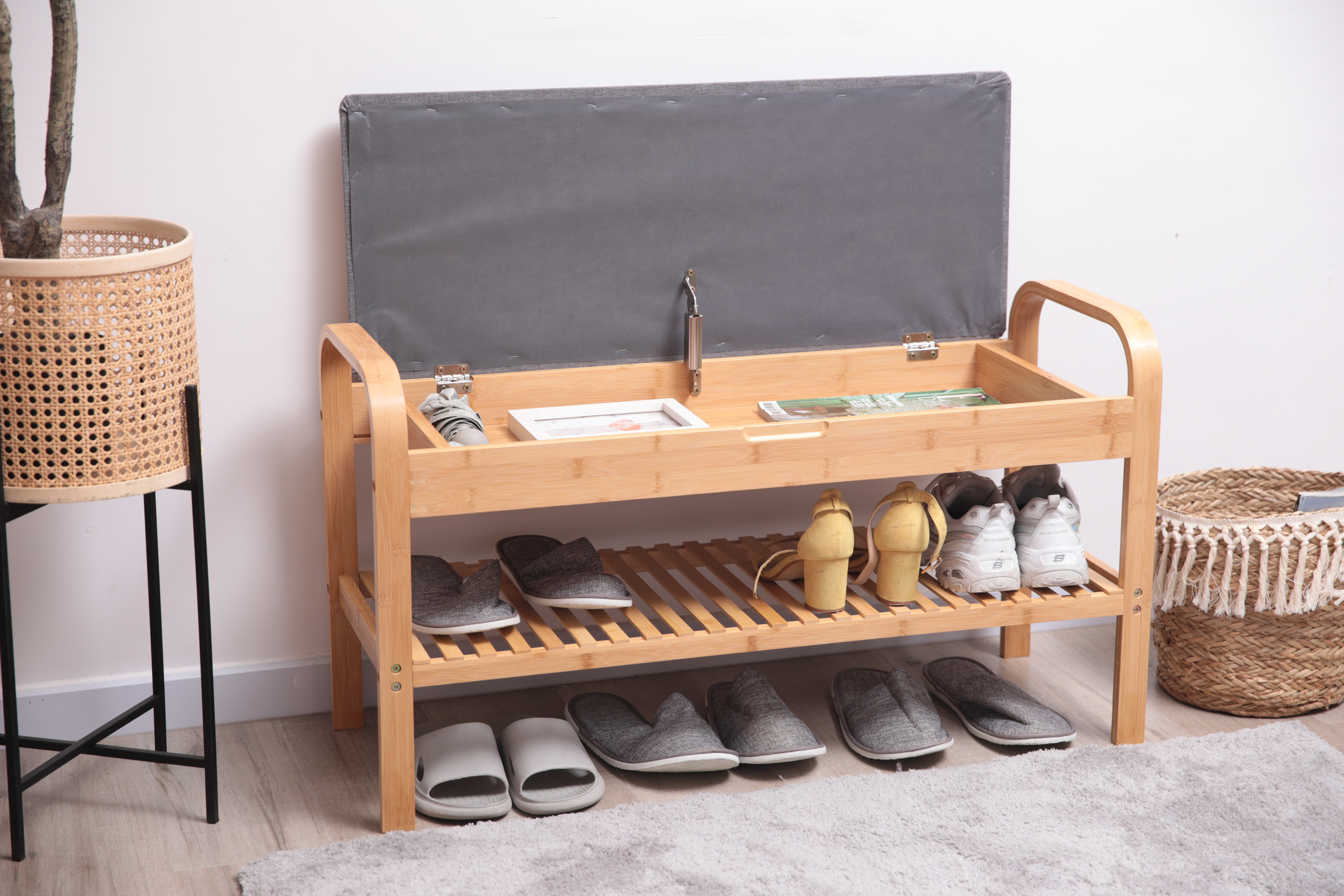 The storage cabinet is hidden inside the shoe rack holder that is convenient to change shoes