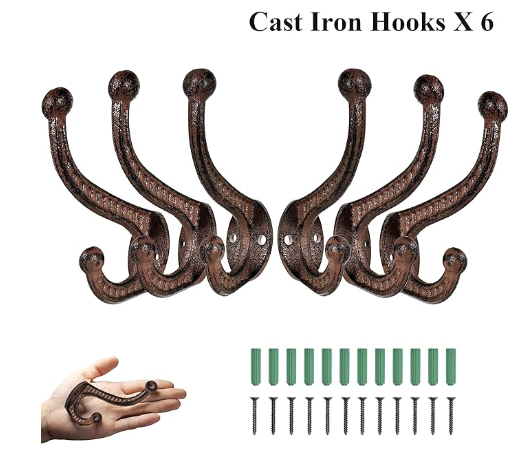 Rustic Coat Hooks Brown  Cast Iron Wall Mounted Coat Hooks  Farmhouse Vintage Hooks for Hats Bags