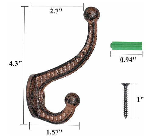 Rustic Coat Hooks Brown  Cast Iron Wall Mounted Coat Hooks  Farmhouse Vintage Hooks for Hats Bags