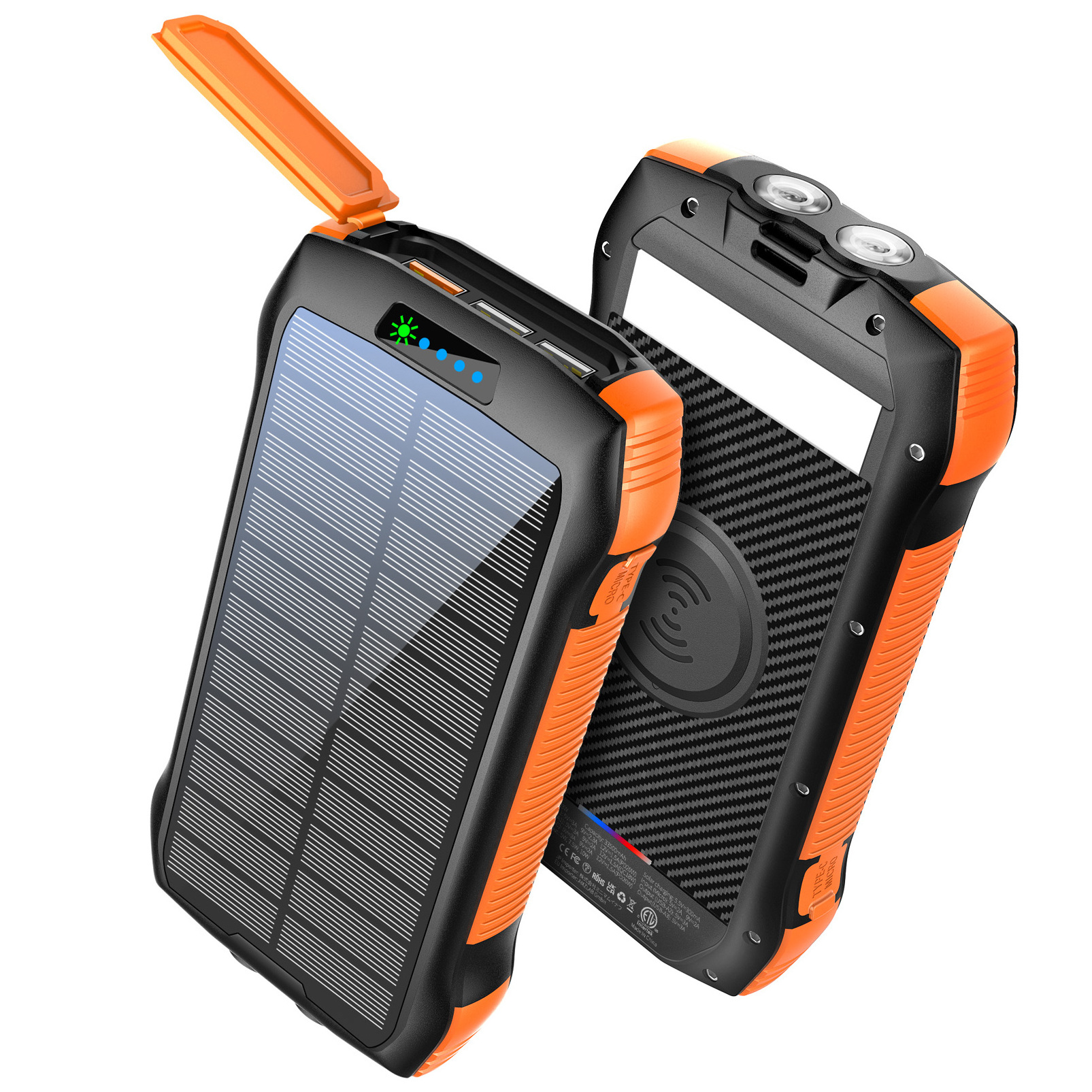 20000mAh Solar power bank Supply Waterproof Wireless Charge 20000mah Solar Smart Portable Mobile Charger Power Bank with Light