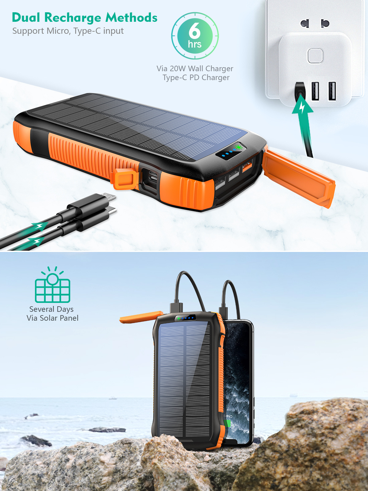 20000mAh Solar power bank Supply Waterproof Wireless Charge 20000mah Solar Smart Portable Mobile Charger Power Bank with Light