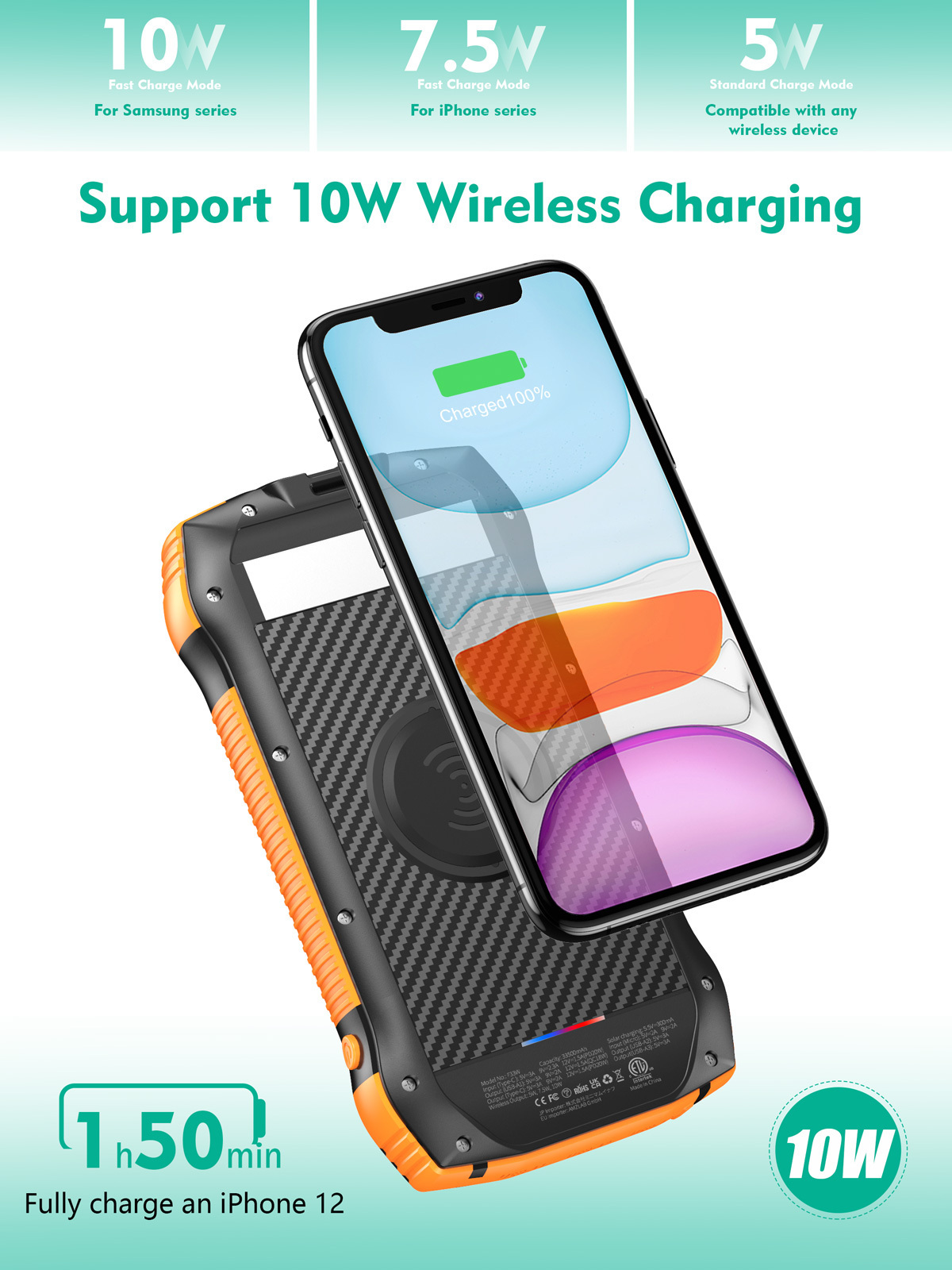 20000mAh Solar power bank Supply Waterproof Wireless Charge 20000mah Solar Smart Portable Mobile Charger Power Bank with Light