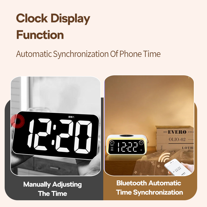 New hot selling multifunctional wireless fast charging with bluetooth speaker digital time display desk lamp clock for phones