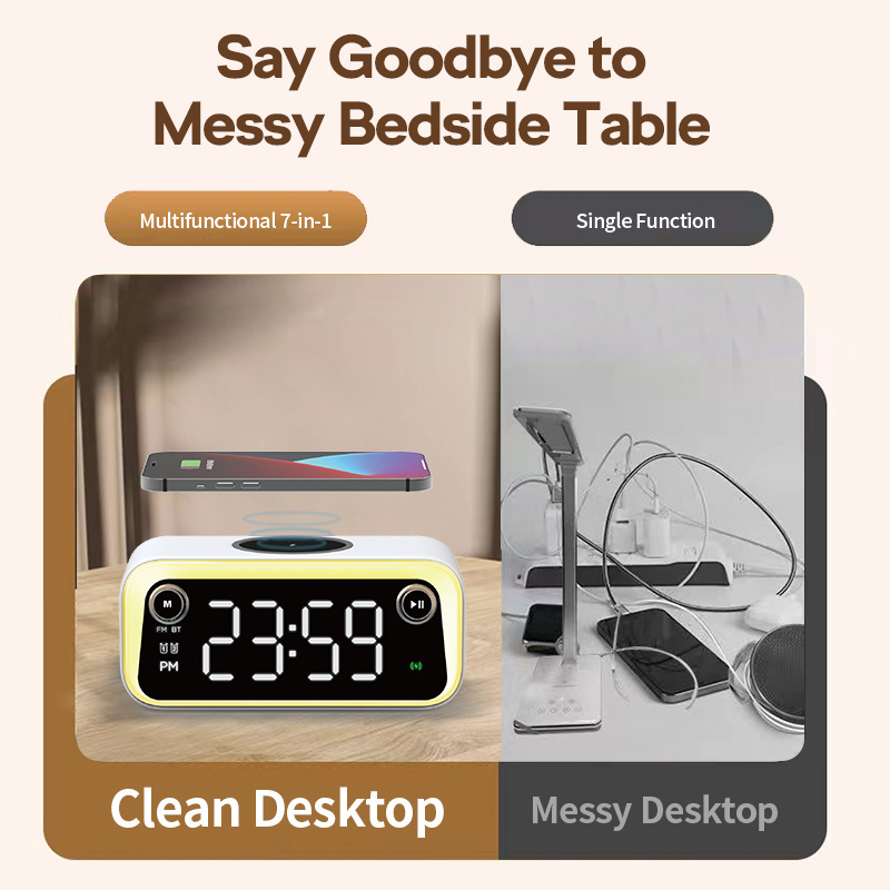 New hot selling multifunctional wireless fast charging with bluetooth speaker digital time display desk lamp clock for phones