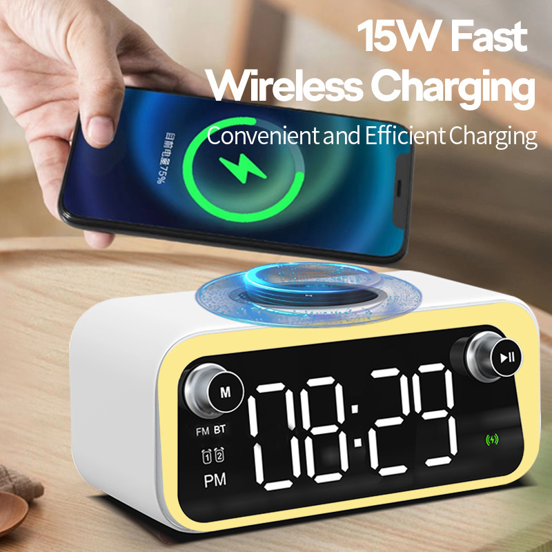 New hot selling multifunctional wireless fast charging with bluetooth speaker digital time display desk lamp clock for phones