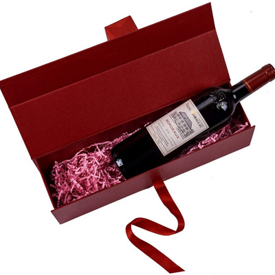 Customized Red Cardboard Paper Wine Bottle Packaging Gift Boxes Wine Box for Packing with Ribbon Magnetic Folding Rigid Boxes