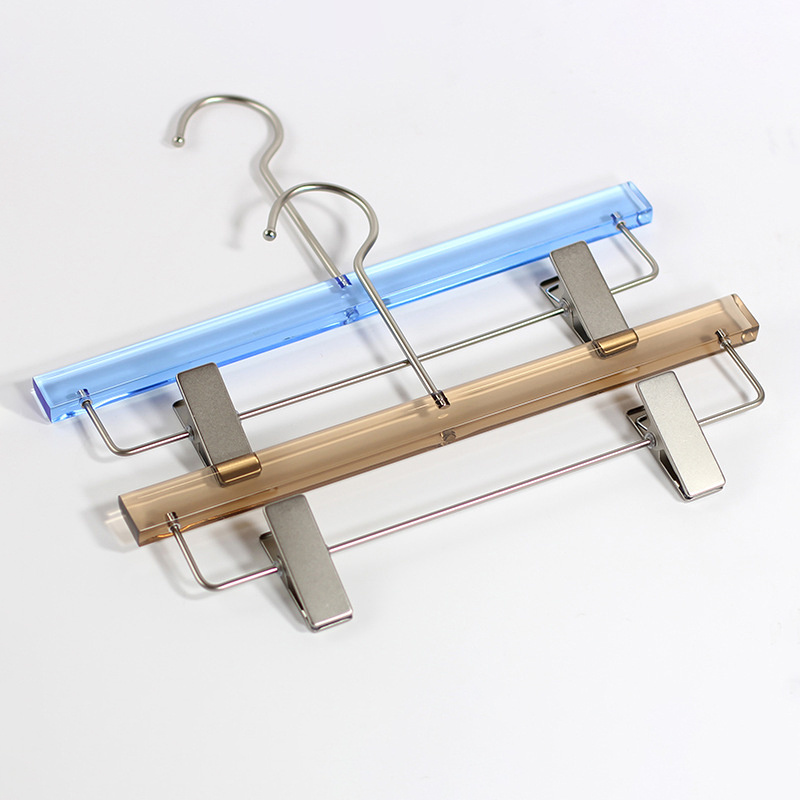 New Clothing Store Transparent Clear Rack Acrylic Clothes Skirt Trouser Hanger Pants Hanger With Gold Clips Hook