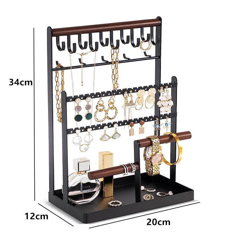 Multi-Functional Wood Jewelry Storage Rack Jewelry Organizer Stand 3-Tier Jewelry Tower Rack With Earring Tray