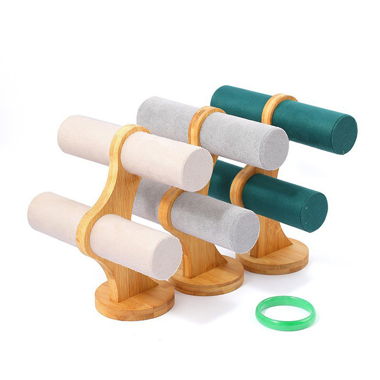 Wholesale Bamboo Double-Layer Pink Green White Microfiber Velvet Bracelet Stand Watch Storage Display Rack For Retail Store