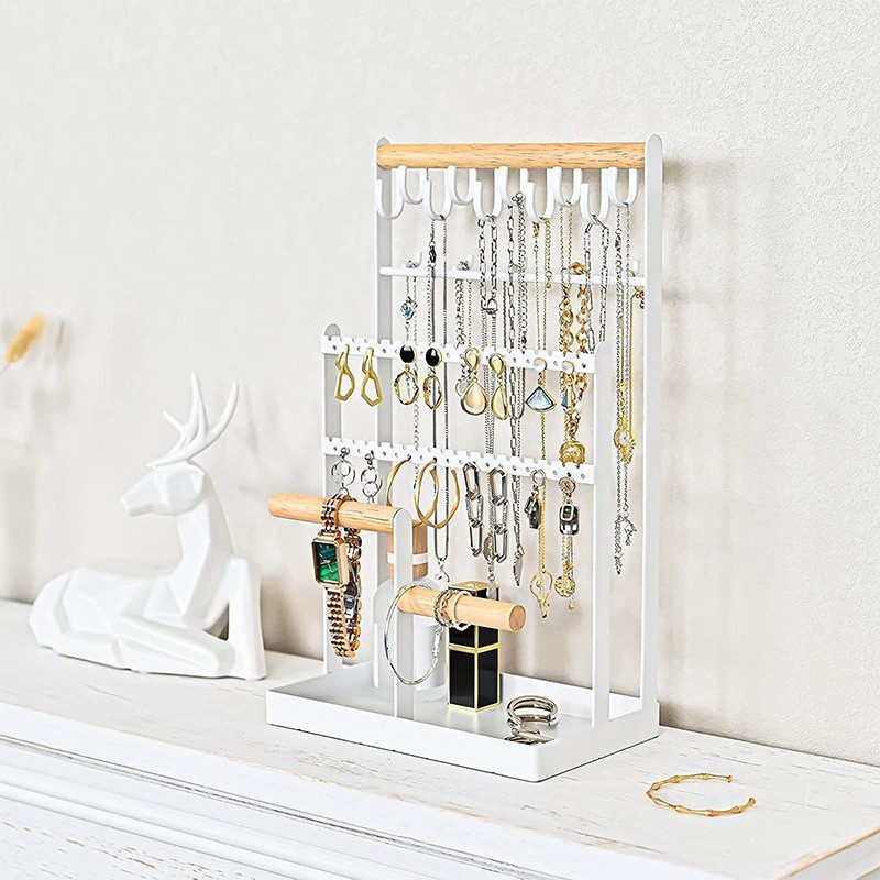 Multi-Functional Wood Jewelry Storage Rack Jewelry Organizer Stand 3-Tier Jewelry Tower Rack With Earring Tray