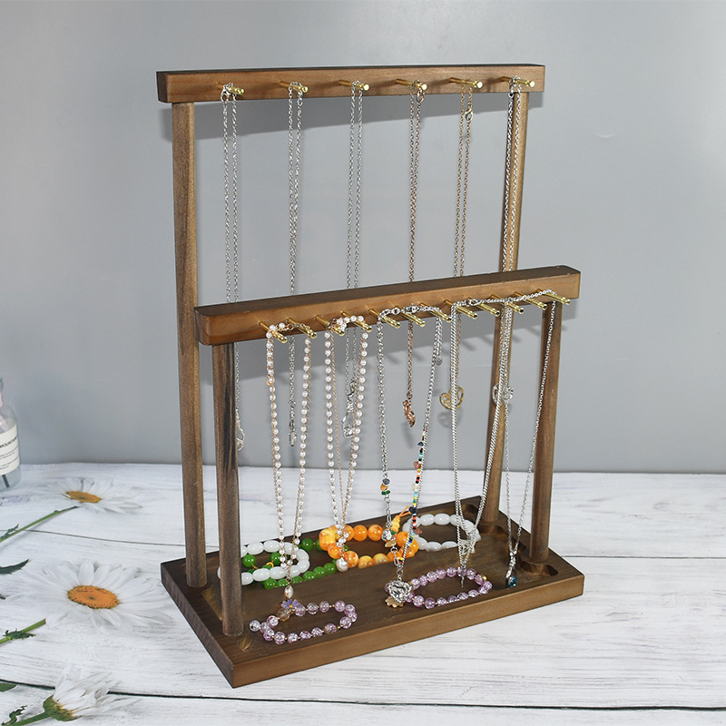 Boutique Retro Wooden Jewelry Holder Organizer Pearl Necklace Bracelet Sweater Chain Wood Jewelry Display Shelf Rack