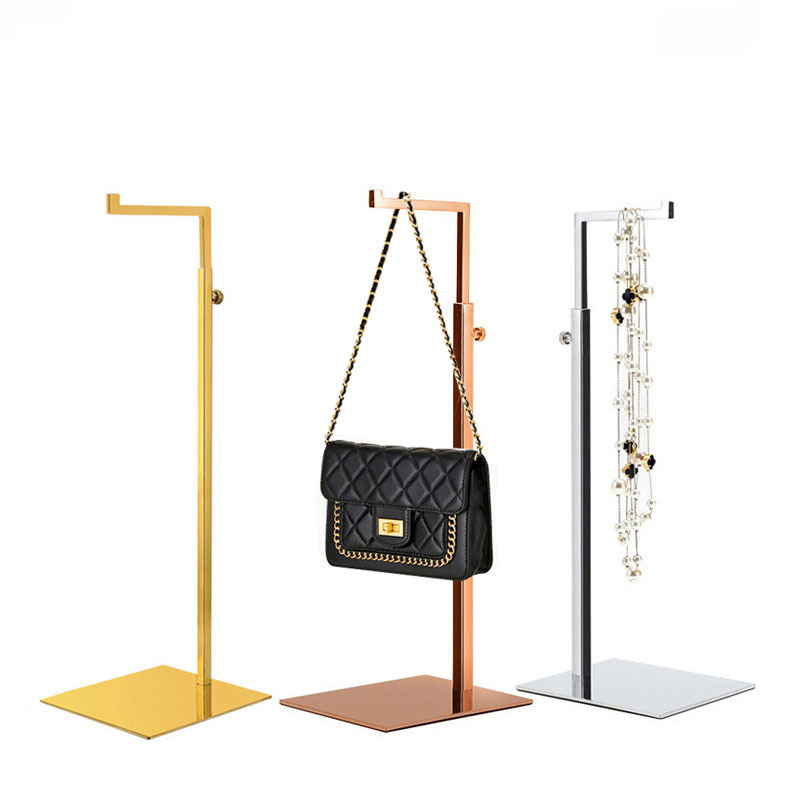 Polished Gold Bag Organizer Stand Retail Countertop Single Hook Adjustable Height Handbag Display Stand Bag Display Stand