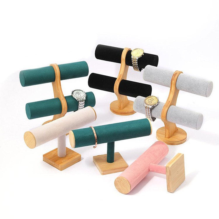 Wholesale Bamboo Double-Layer Pink Green White Microfiber Velvet Bracelet Stand Watch Storage Display Rack For Retail Store