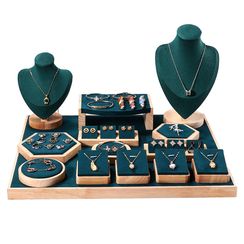 Jewelry Store Modern Microfiber Window Bracelets Ring Earring Necklace Bust Wood Green Jewelry Display Set Luxury Stand