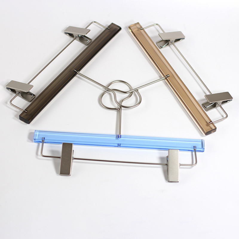 New Clothing Store Transparent Clear Rack Acrylic Clothes Skirt Trouser Hanger Pants Hanger With Gold Clips Hook