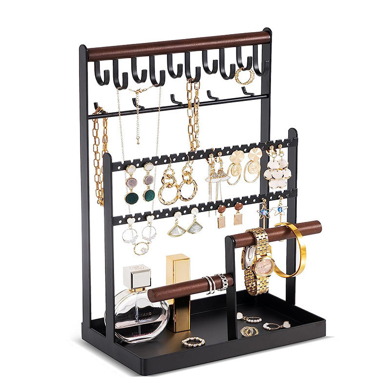 Multi-Functional Wood Jewelry Storage Rack Jewelry Organizer Stand 3-Tier Jewelry Tower Rack With Earring Tray