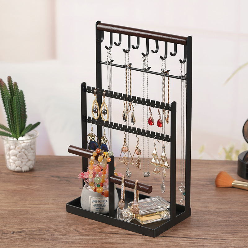 Multi-Functional Wood Jewelry Storage Rack Jewelry Organizer Stand 3-Tier Jewelry Tower Rack With Earring Tray