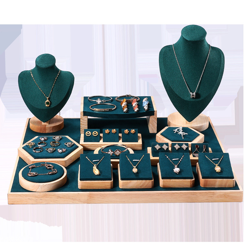 Jewelry Store Modern Microfiber Window Bracelets Ring Earring Necklace Bust Wood Green Jewelry Display Set Luxury Stand