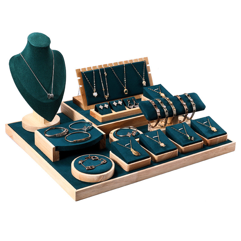 Jewelry Store Modern Microfiber Window Bracelets Ring Earring Necklace Bust Wood Green Jewelry Display Set Luxury Stand