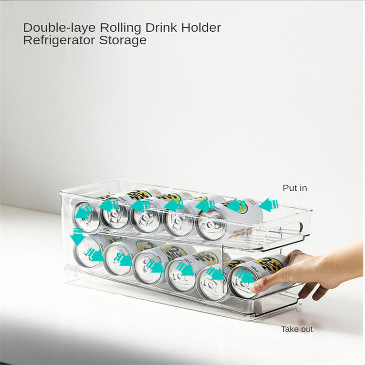 Auto Rolling 2 Layer Clear Plastic Refrigerator Fridge Beverage Soda Can Organizer Dispenser For 12 Cans