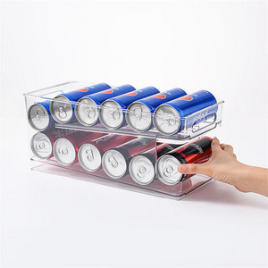 Auto Rolling 2 Layer Clear Plastic Refrigerator Fridge Beverage Soda Can Organizer Dispenser For 12 Cans