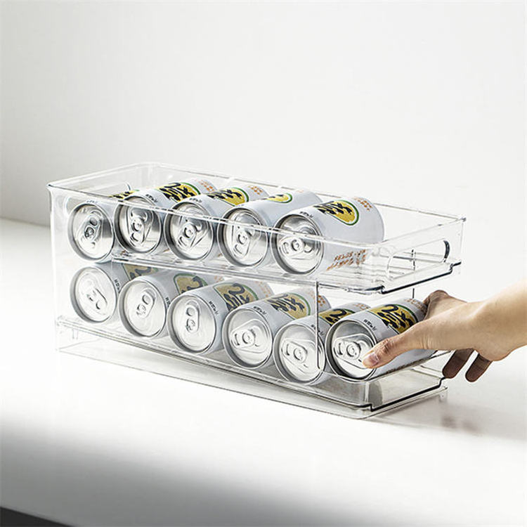 Auto Rolling 2 Layer Clear Plastic Refrigerator Fridge Beverage Soda Can Organizer Dispenser For 12 Cans