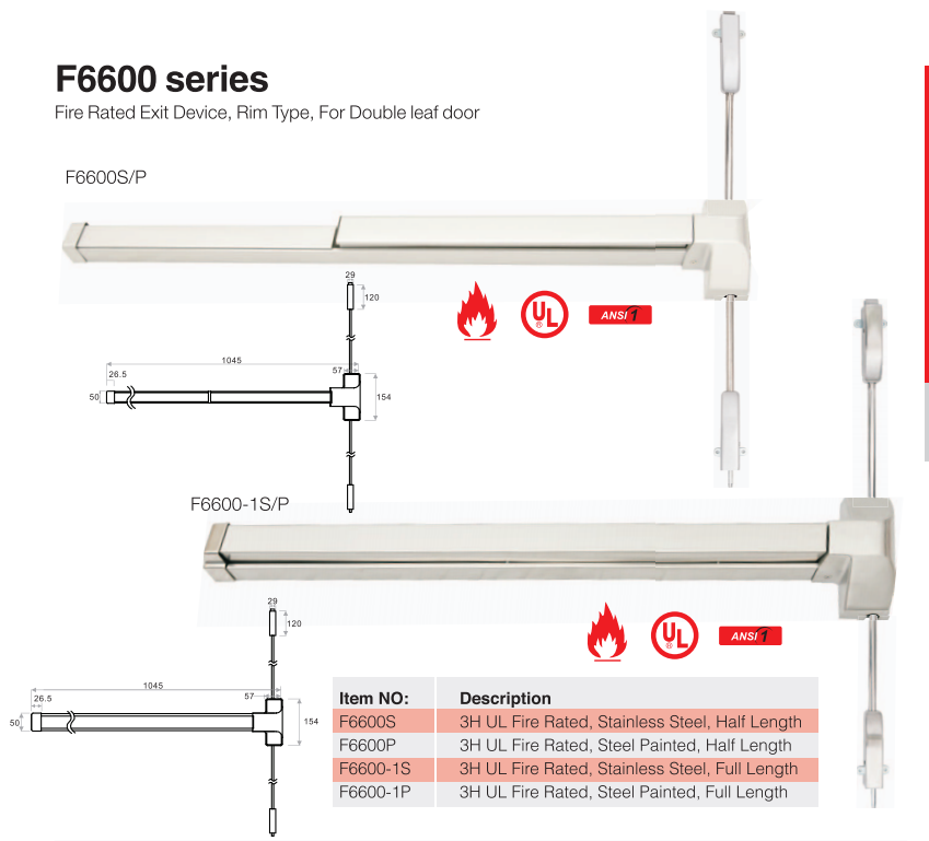 F6600P Recommend Door Push Panic Bar with Exterior Lever Lock Emergency Exit Hardware Device Fire Door Panic Bar