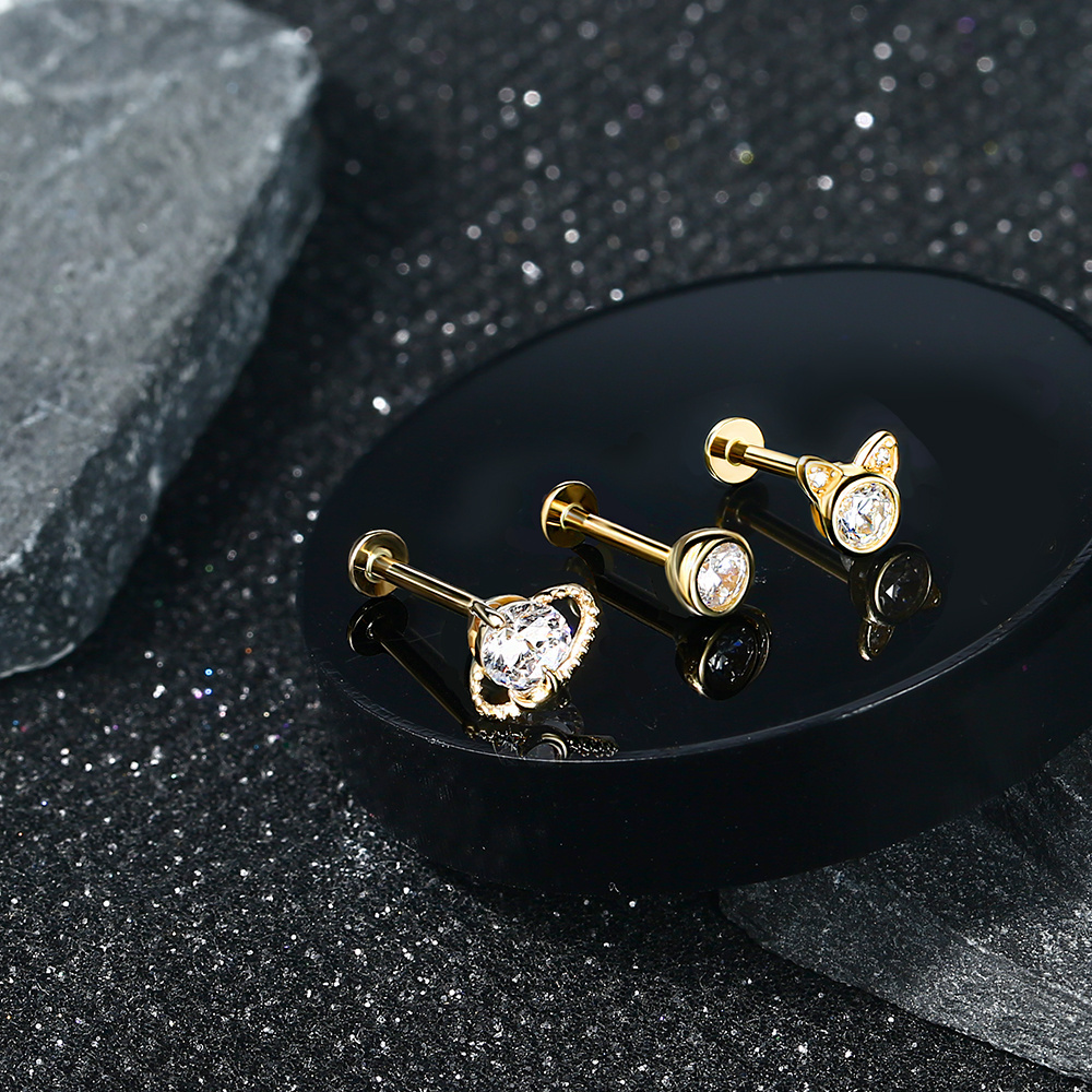 Toposh Star Moon Flower 14K Solid Gold Clear CZ Labret Cartilage Tragus Daith Stud Earrings Nose Ring Piercing Jewelry