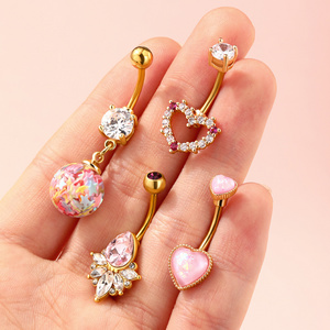 Surgical Steel Belly Piercing Set Hypoallergenic Cute Sparkly Pink CZ Heart Belly Button Ring Navel Rings Belly Rings