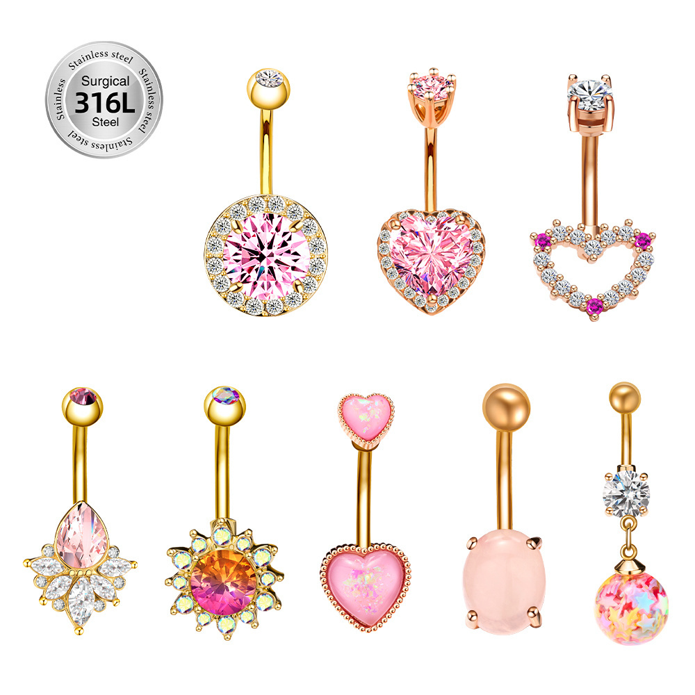 Cute Pink Heart Piercing Flower Dangling Heart Surgical Steel Belly Button Rings CZ Zircon Jewelry Custom Navel Rings For Women