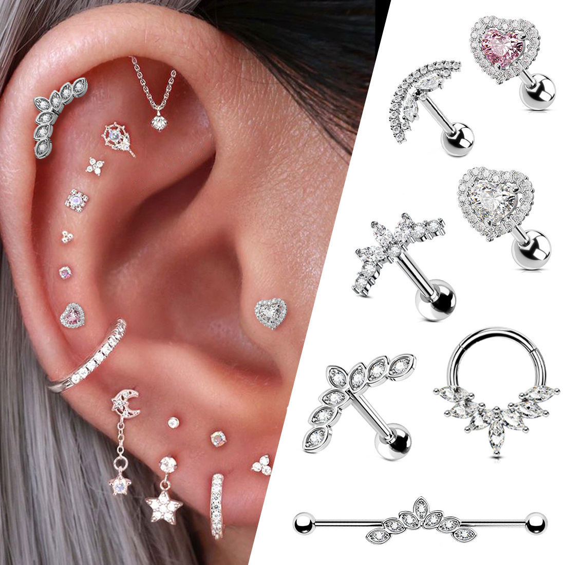 316l Surgical Stainless Steel Cartilage Earrings Studs Heart CZ Zircon Forward Helix Piercing Jewellery Cartlidge Earrings