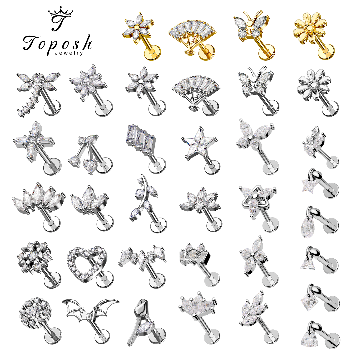 F136 Titanium piercing earrings CZ internal threaded piercing earrings tragus cartilage flat back earring stud Body jewelry