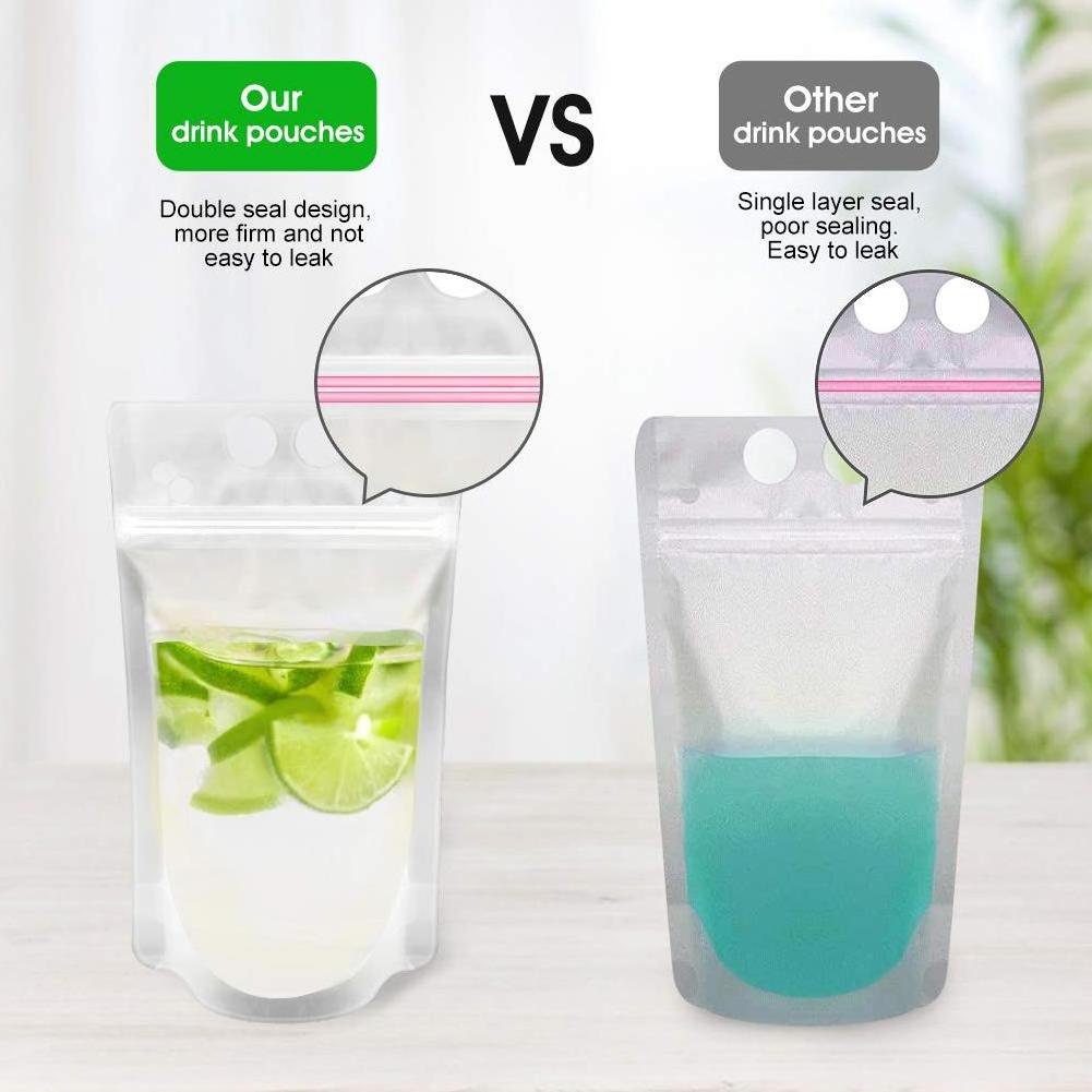 Reclosable Double Zipper Handheld Juice Beverage Pouches Clear Drink Bags with Disposable Plastic Straws